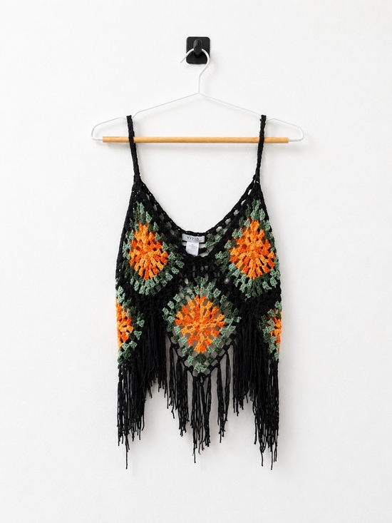 Vivid Tops - Black Crochet Fringe Tank with Orange & Green Medallions